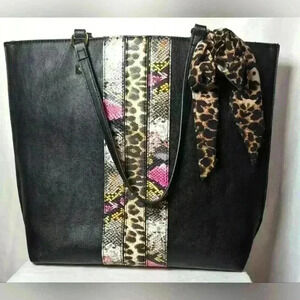 Betsy Johnson Faux Snake and Leopard Print Large Bucket Bag with Bow